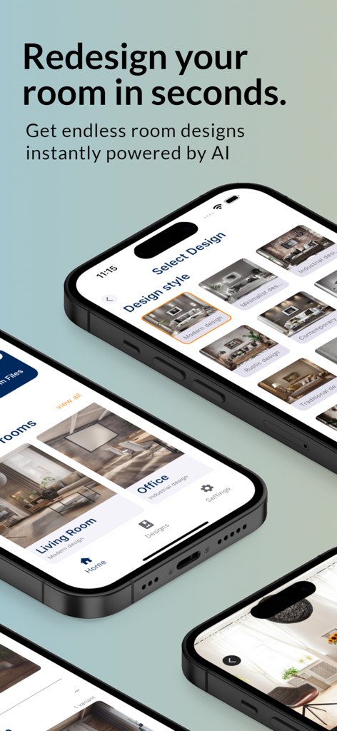 RoomGenius - RoomGenius app interface showing AI powered room redesign options on multiple smartphones