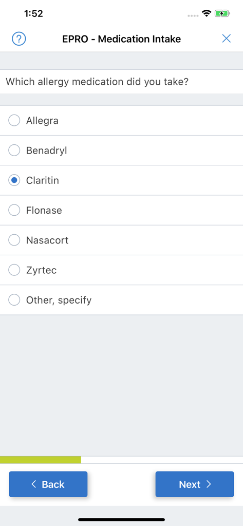 Patient Cloud - Patient Cloud app screen for electronic patient reported outcome medication intake survey showing options for allergy medications