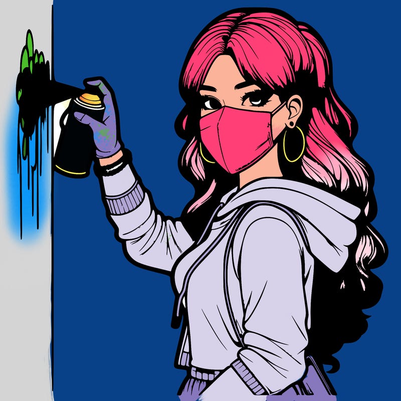 realistic girl with mask spray painting a wall