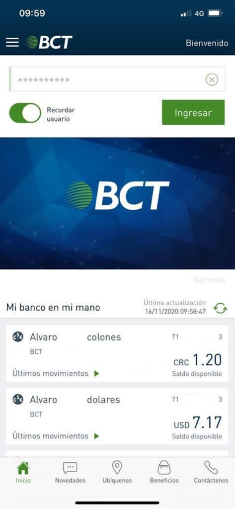Enlace BCT Mi banco en mi mano - Enlace BCT app dashboard showing bank account balances in Colones and US Dollars