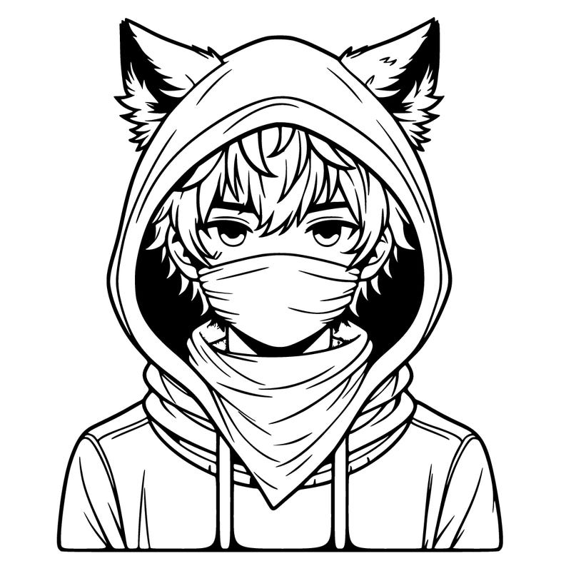 a realistic boy with wolf ears wearing a hoodie and scarf over mouth