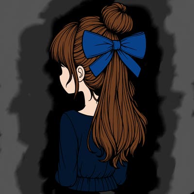 realistic girl  with hip length hair a bun and a big bow on the back of head