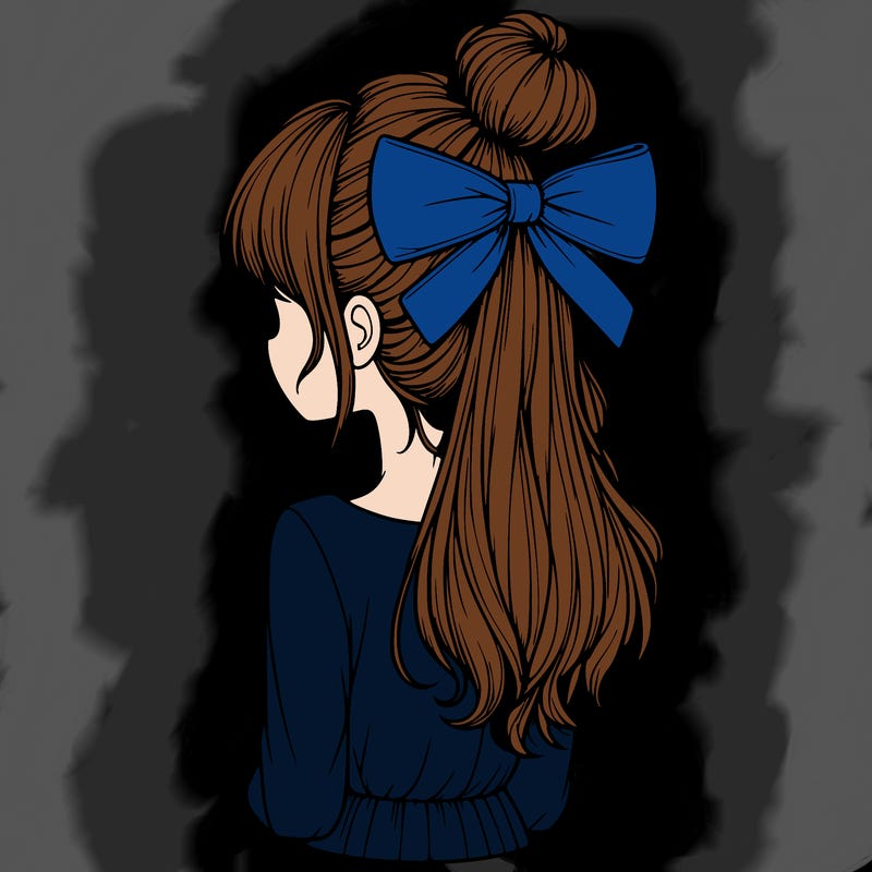realistic girl  with hip length hair a bun and a big bow on the back of head
