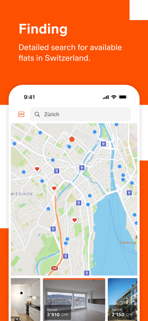 Flatfox - Flatfox mobile app interface showing a map-based search for rental apartments in Zurich Switzerland