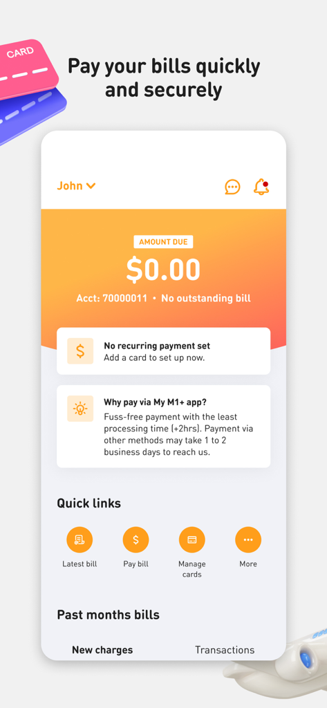 My M1 plus app screen showing the billing dashboard with zero amount due and payment options