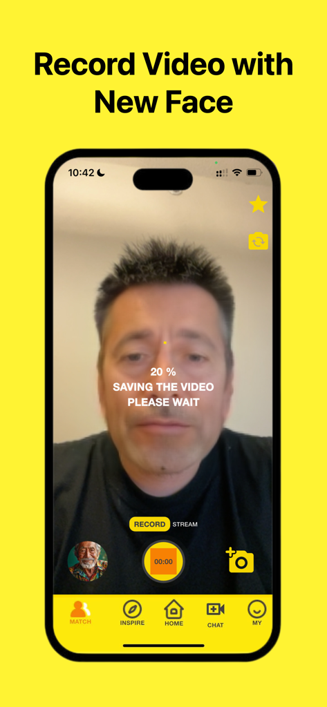 Amigo AI - FaceSwap Video Call - Amigo AI app interface showing a user recording a video with a real-time face swap filter.