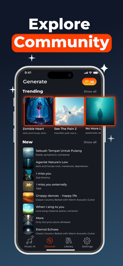 AI Song Generator - Rexa - Rexa app interface showing a gallery of trending and new AI-generated songs within the community discover tab.