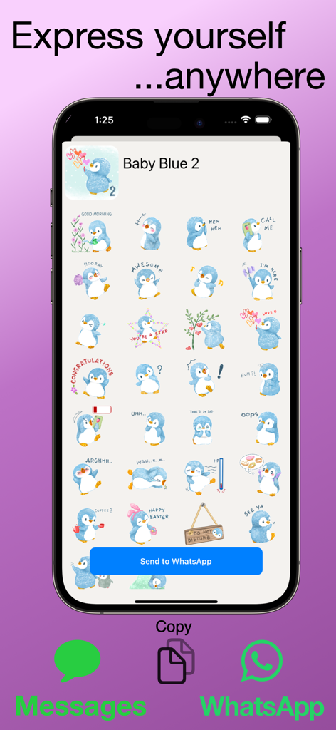 PT Sticker Shop - La aplicación PT Sticker Shop muestra lindos stickers de pingüinos azules dibujados a mano con integración para WhatsApp e iMessage
