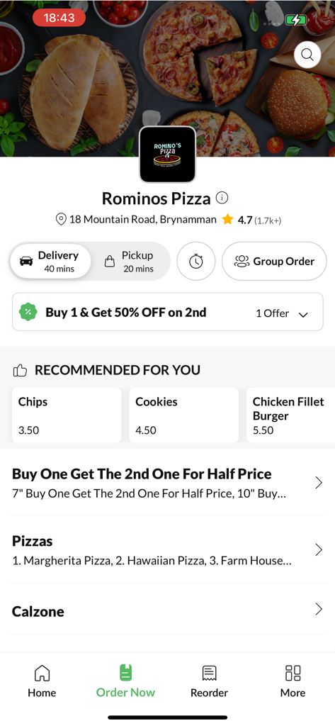 Rominos Pizza - Rominos Pizza app home screen showing menu items, delivery times, and promotional offers