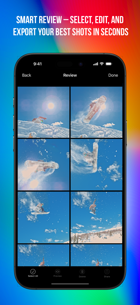 Fast Camera - Fast Camera app interface displaying a grid of snowboarding burst shots for smart review