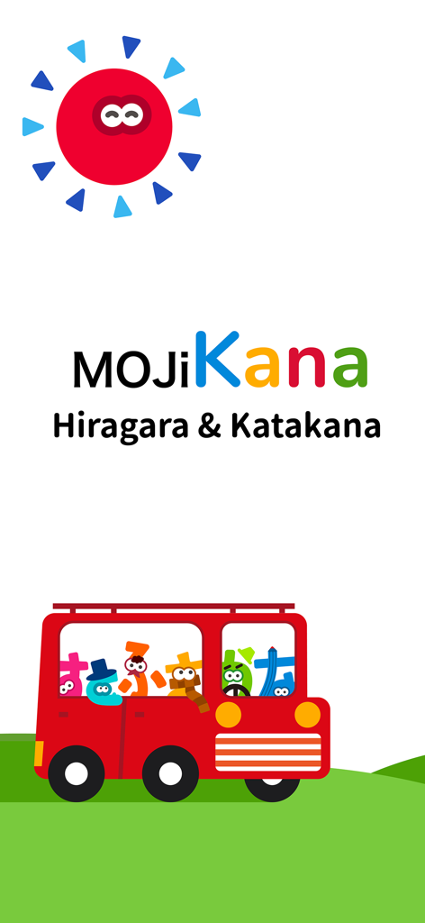 MOJiKana: Hiragana & Katakana - Pantalla de inicio de la aplicación MOJiKana con adorables personajes del alfabeto japonés en un autobús rojo
