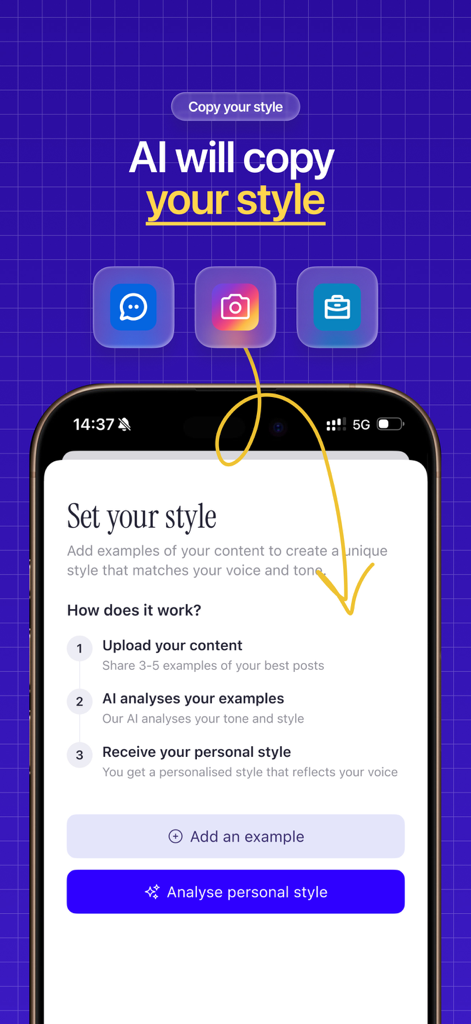 Carousel Posts Hooks: Draft AI - Tela de um aplicativo móvel mostrando etapas para a IA analisar e replicar o estilo de conteúdo pessoal de um usuário fazendo upload de exemplos de seus posts