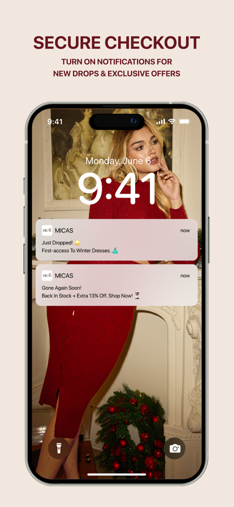 MICAS - Shop Women's Fashion - Pantalla de bloqueo del iPhone que muestra notificaciones de la app MICAS para nuevos vestidos de invierno y alertas de reposición de stock