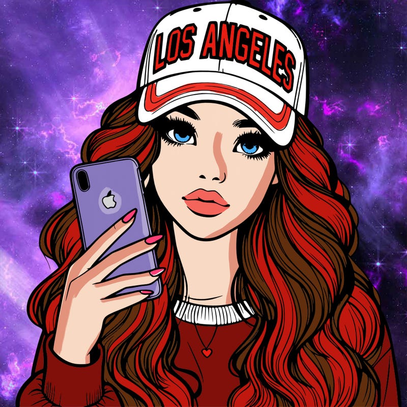 realistic beautiful girl wearing los ángeles cap holding an iphone