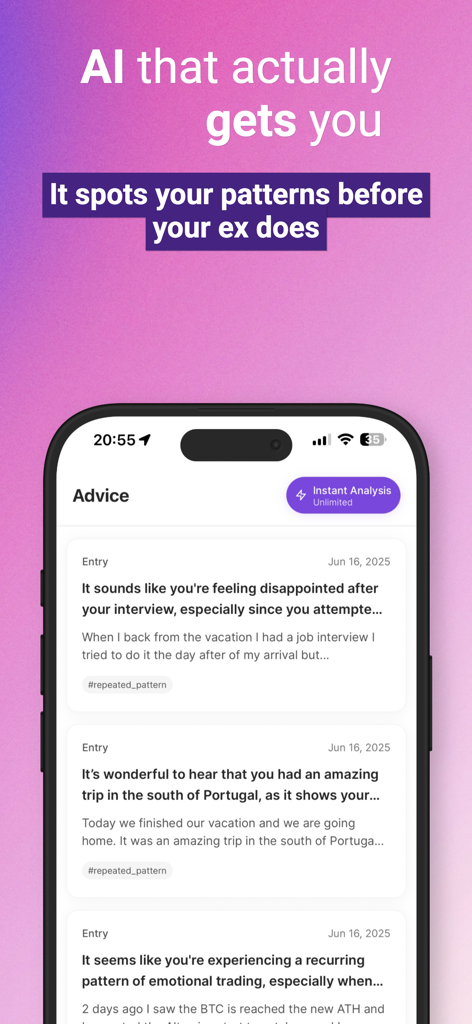 JournAI: AI Mood Journal - JournAI app screen showing AI emotional analysis and repeated pattern tags on journal entries.