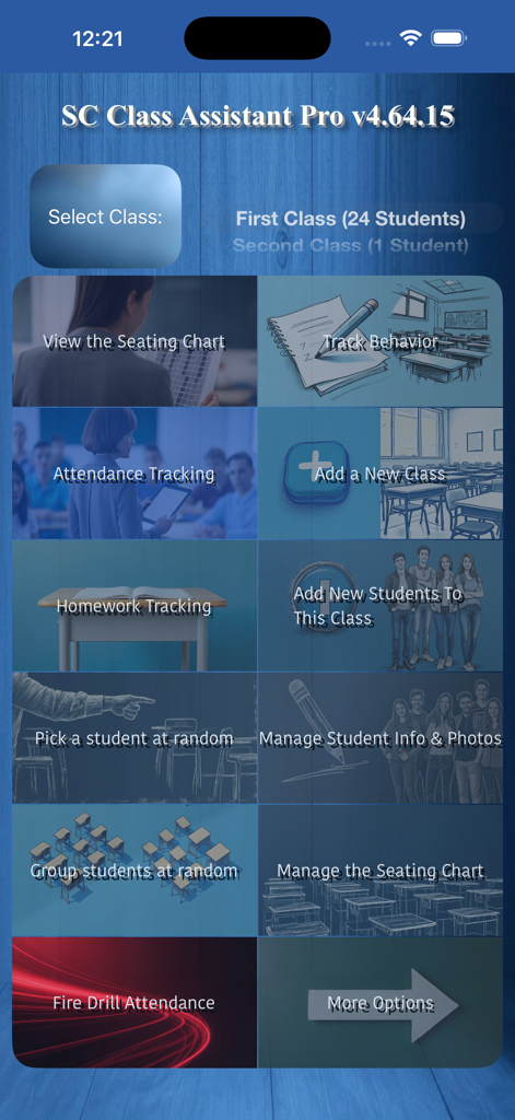 Main dashboard of SC Class Assistant Pro app featuring options for seating charts attendance and behavior tracking