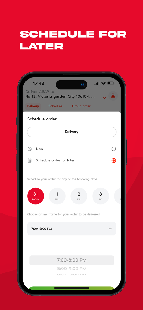 FoodCourt: Food Delivery+ - Mobile app screen showing the option to schedule a food delivery for a later date and time.