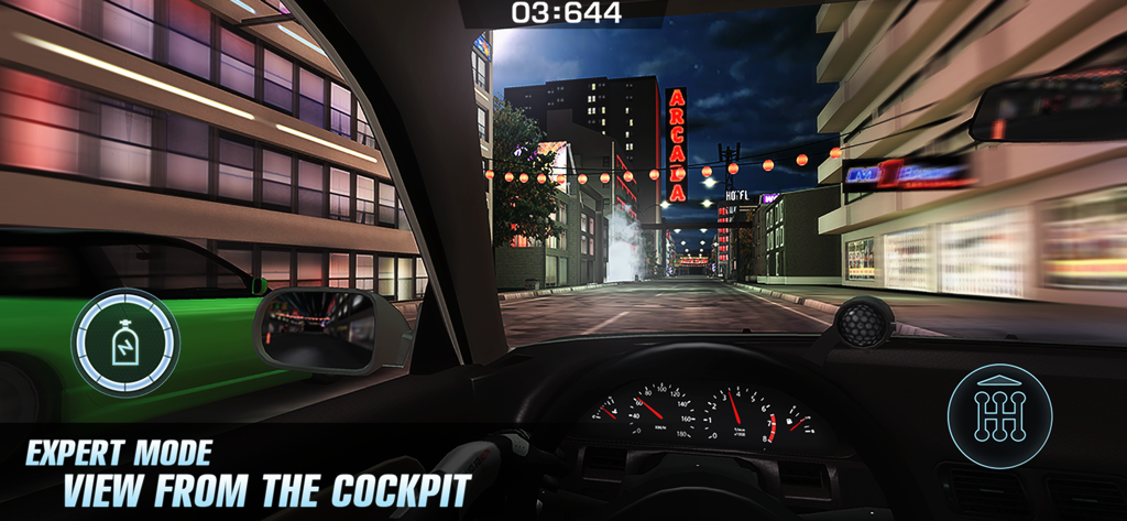 Drag Battle: Race Car Games 3D - First person cockpit view of a night drag race in expert mode