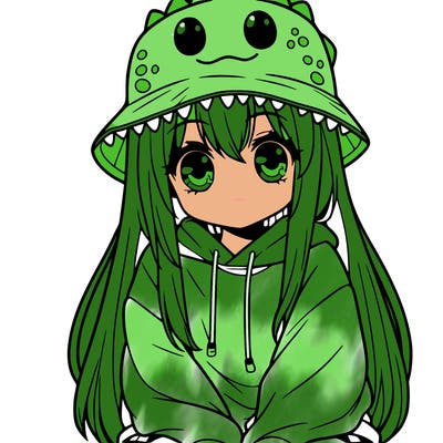 girl with anime shaped eyes with a dinosaur bucket hat oversized sweatshirt long straight hair
