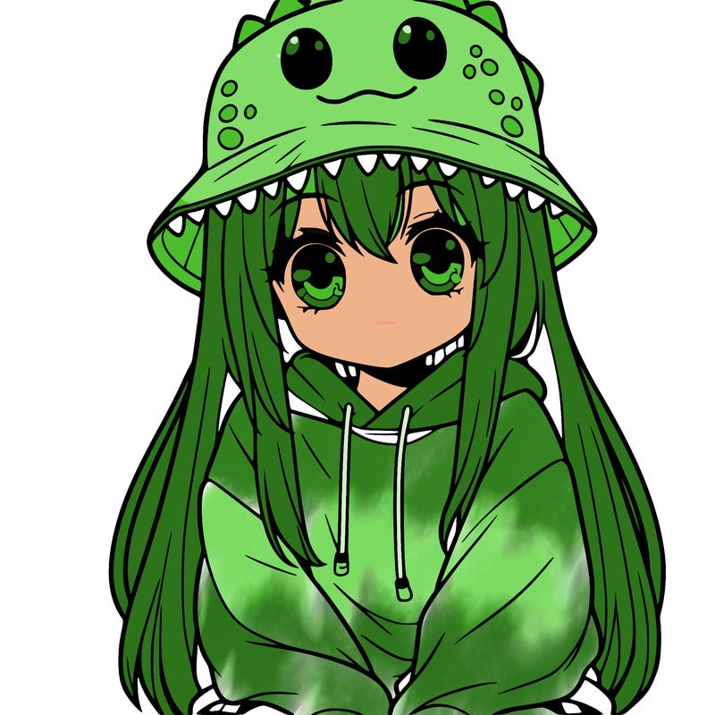 girl with anime shaped eyes with a dinosaur bucket hat oversized sweatshirt long straight hair