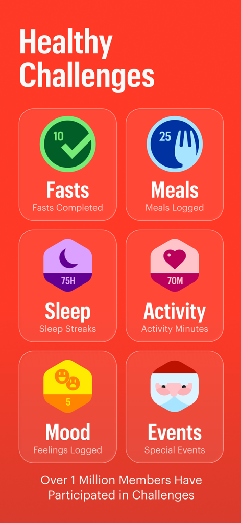 Zero: Fasting & Food Tracker - Interfaz de la aplicación Zero que muestra desafíos saludables para rastrear ayunos, comidas, sueño, actividad, estado de ánimo y eventos.