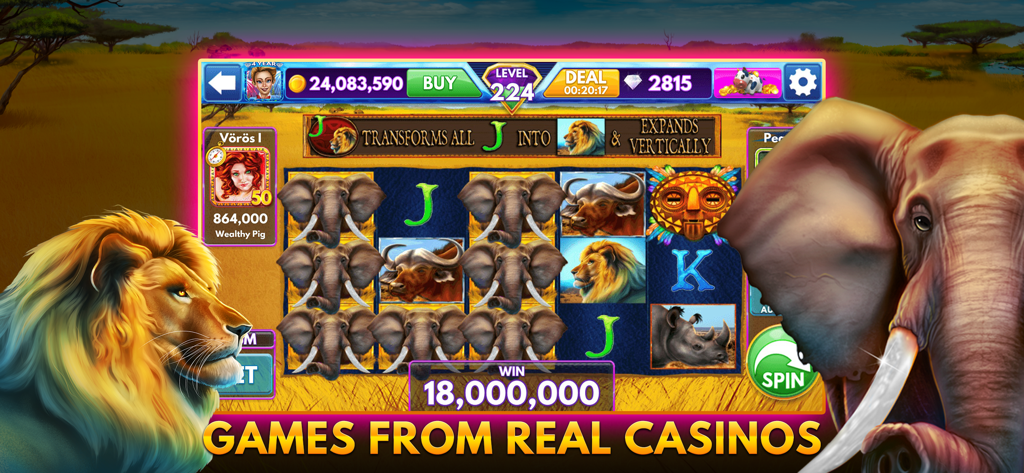 Diamond Sky Slots Safari-Themen-Bildschirm mit Löwen- und Elefantengrafiken und einem großen Münzgewinn