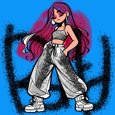 girl in baggy pants crop top and long hair