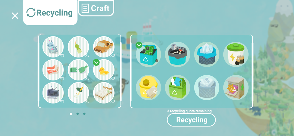 DESERTOPIA - Recycling and crafting interface in Desertopia showing various items and bins