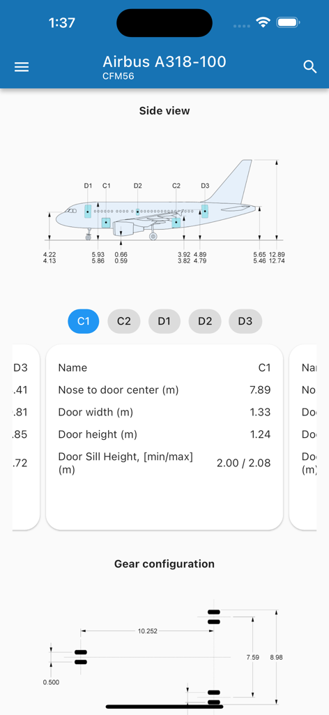 Technical data view of an Airbus A318 showing door dimensions and gear configuration measurements in the Aircraft-Data app