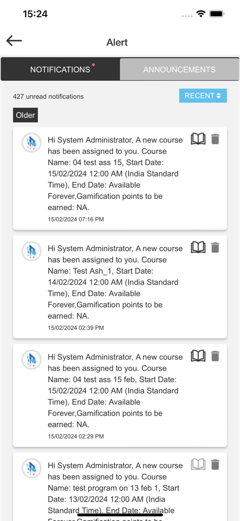 Learning Studio - Notification screen in the Learning Studio app showing a list of newly assigned corporate training modules for the user.