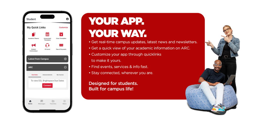 MyRC - A promotional graphic of the MyRC app displaying the academic dashboard and student lifestyle