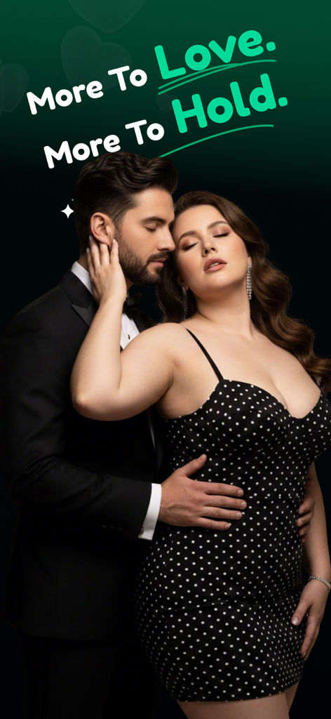 BBW Dating & Curvy Meet: Bustr - A romantic couple embracing on the Bustr app splash screen with the slogan More To Love More To Hold.