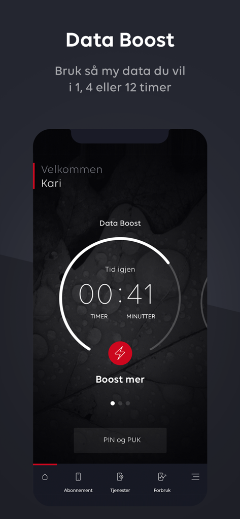 A smartphone screen displaying the Data Boost feature of the Ditt Phonero app with a countdown timer for unlimited mobile data usage.