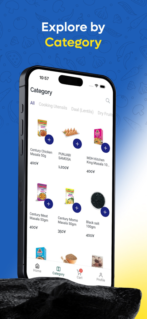 Interfaz de la aplicación Mini Nepal Shopping mostrando comestibles del sur de Asia como especias y bocadillos organizados por categoría.