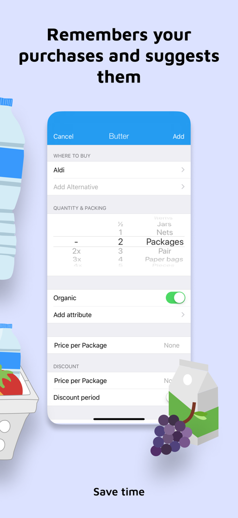 Interface of the pon shopping list app showing detailed options for adding butter with organic labels and store selection