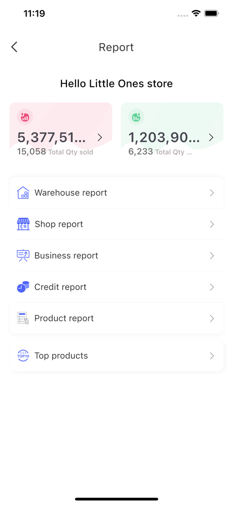 Yene Stock - Manage Inventory - Yene Stock mobile app showing a reports dashboard with sales data and various reporting options like warehouse and business reports