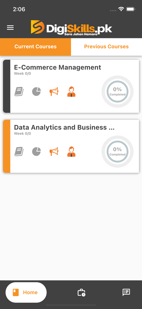 DigiSkills LMS - DigiSkills LMS app dashboard displaying current courses for E-Commerce Management and Data Analytics.