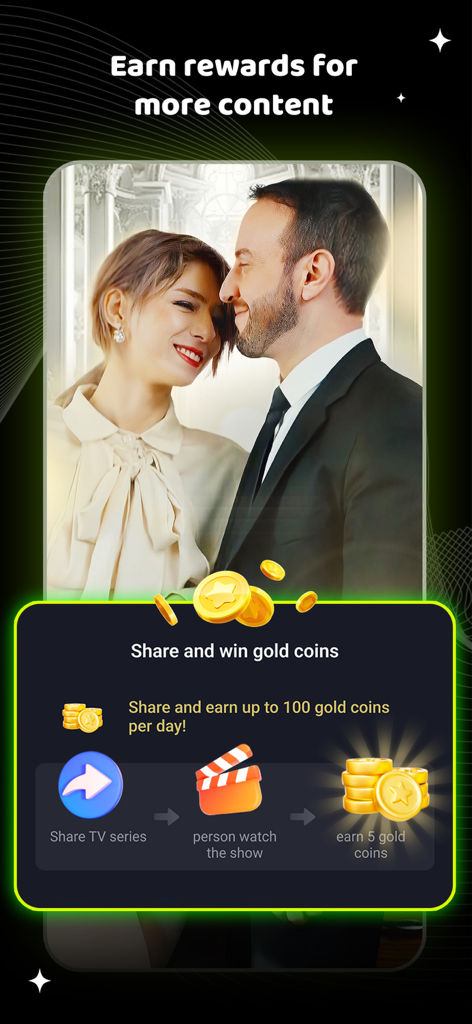 DramaBite-Short Dramas & TV - Promotional screen for DramaBite showing rewards program where users earn gold coins for sharing content.