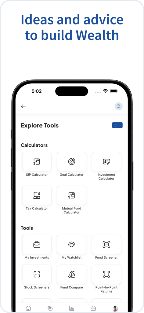 Schermata dell'app Value Research che mostra calcolatori finanziari e strumenti di investimento