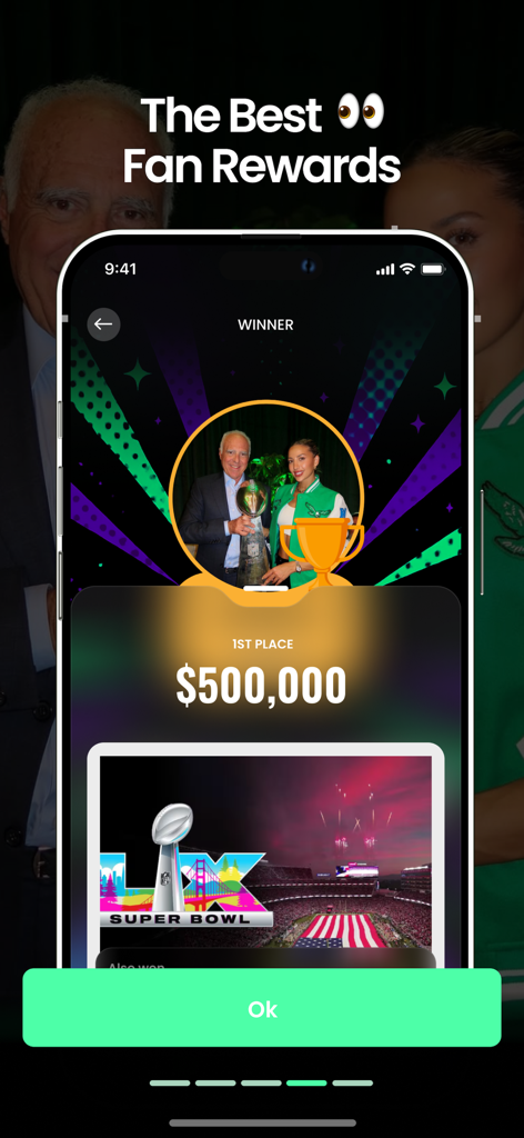 FanUp - Daily Fantasy Sports - Pantalla de ganador de la app FanUp mostrando un primer premio de quinientos mil dólares y recompensas del Super Bowl