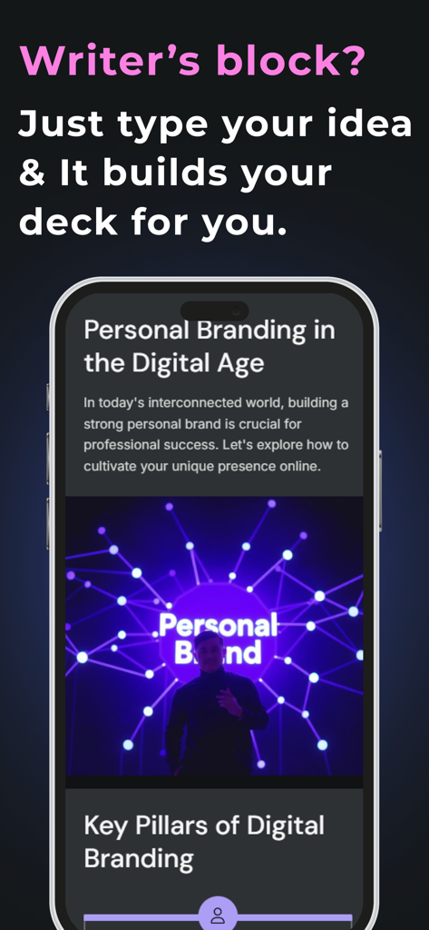 AI Presentation Maker – Slides - AI 프레젠테이션 메이커 앱 화면으로 개인 브랜딩을 위한 생성된 슬라이드 덱을 보여줍니다