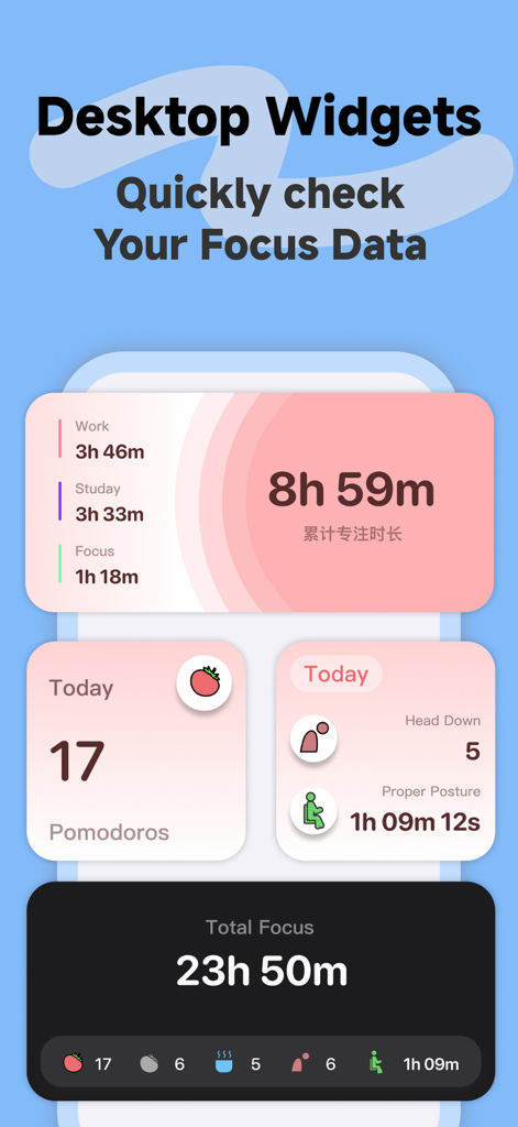 Pomo Up - Pomodoro Timer - 毎日の集中統計とポモドーロ追跡を表示する、Pomo Upの美しいデスクトップウィジェット。