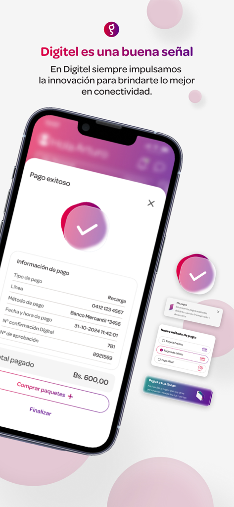 Successful mobile recharge confirmation screen in the Digitel app showing payment details and options