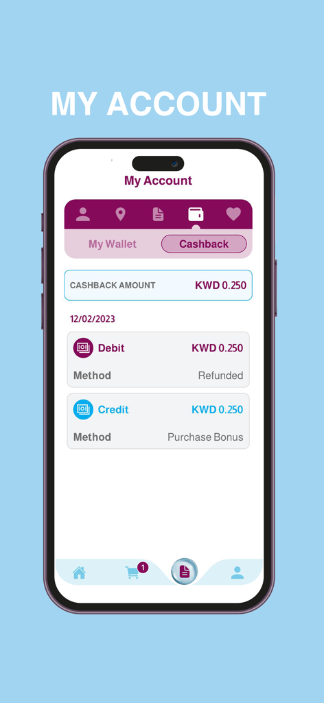 A mobile screen showing the My Account page of the Adhari Kuwait app with cashback details and transaction history.