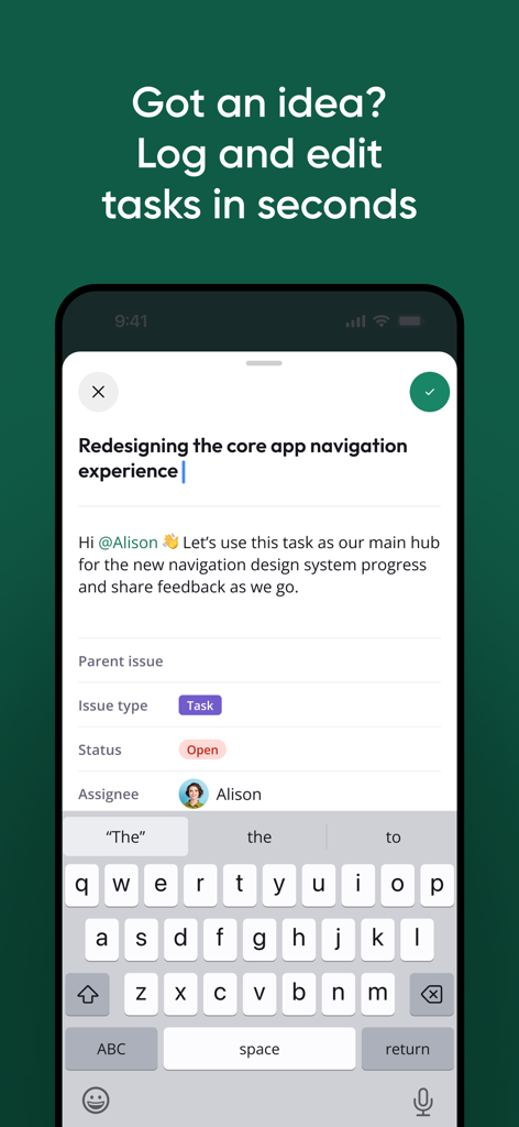Backlog: Project Management - Interfaz de la aplicación móvil Backlog que muestra los campos de creación y edición de tareas con un teclado.