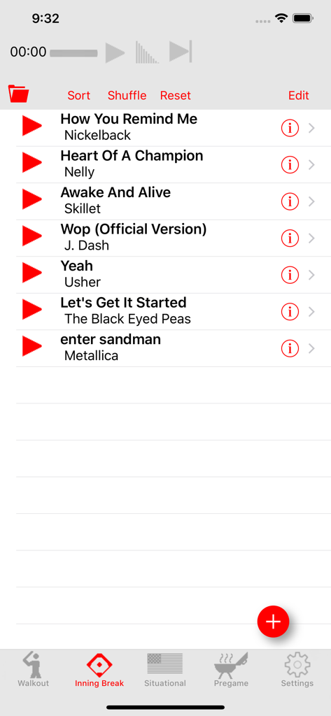 Walkout Song DJ - Inning break playlist view in the Walkout Song DJ app showing a list of songs with play buttons and navigation icons at the bottom