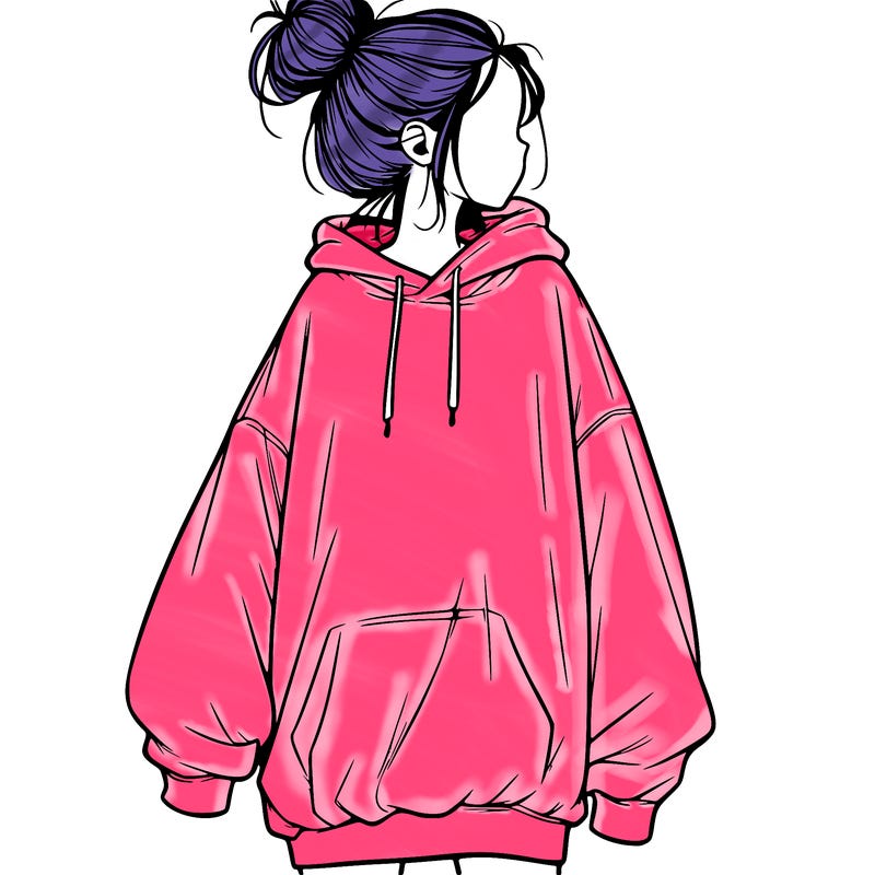 realistic girl with a oversized sweatshirt on and a bun