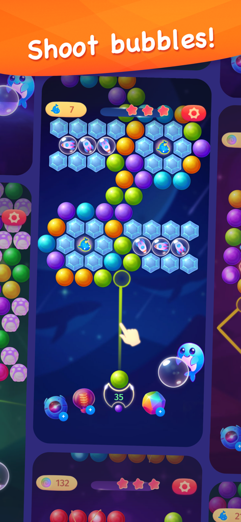 별이 빛나는 우주 테마의 귀여운 고래와 다채로운 버블을 보여주는 스페이스 웨일 버블 슈터 게임플레이