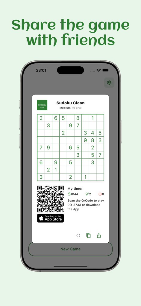 Sudoku Clean - No ads - A clean Sudoku game interface showing a shareable QR code and puzzle board for playing with friends.