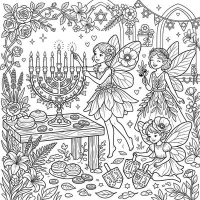 Step into a magical world where enchanting Flower Fairies celebrate the festival of lights. This delightful coloring page combines whimsical flora with traditional Hanukkah joy, inviting you to add vibrant colors to a heartwarming scene.